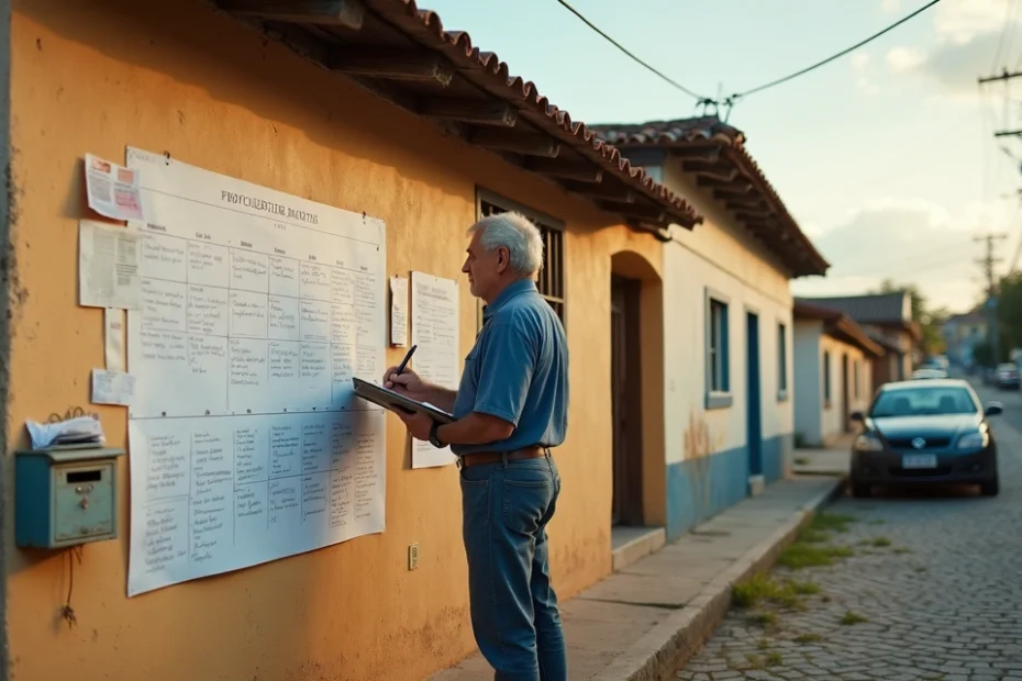 Morador em frente a casa simples marcando tempo de moradia em calendário na parede externa
