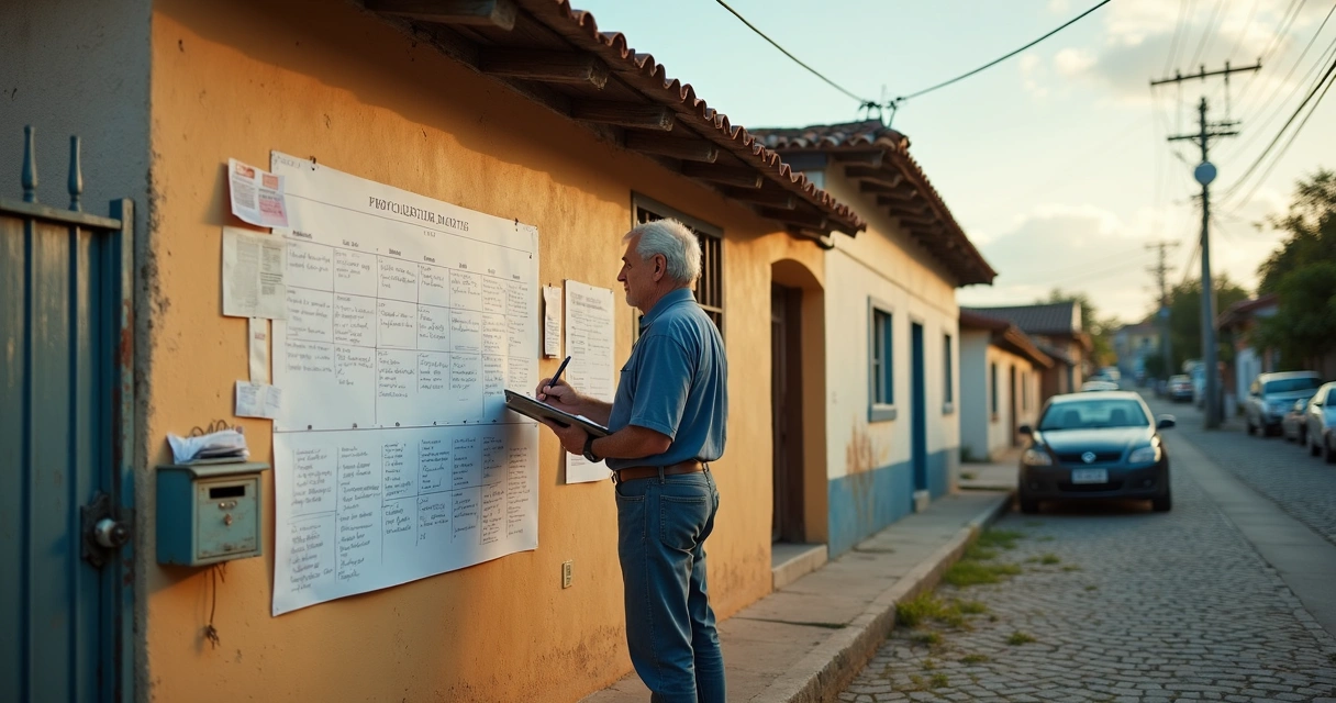 Morador em frente a casa simples marcando tempo de moradia em calendário na parede externa