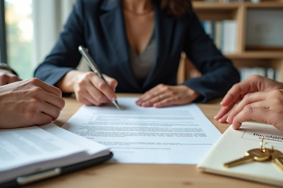 Advogada imobiliária orienta comprador enquanto assinam contrato de compra de imóvel