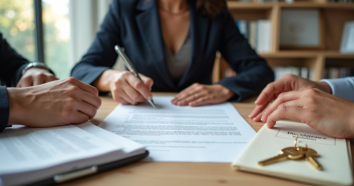 Advogada imobiliária orienta comprador enquanto assinam contrato de compra de imóvel