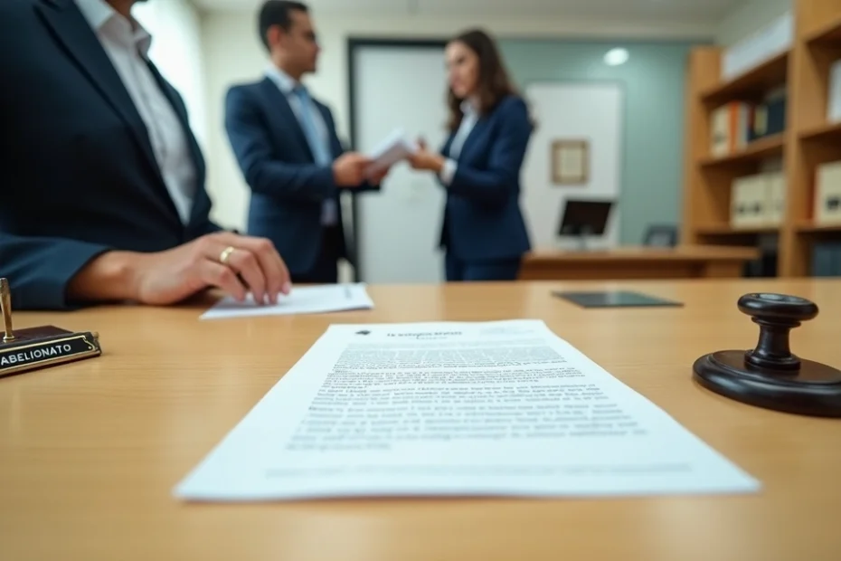 Vista interna de cartório com assinaturas de ata notarial de usucapião sobre balcão de atendimento