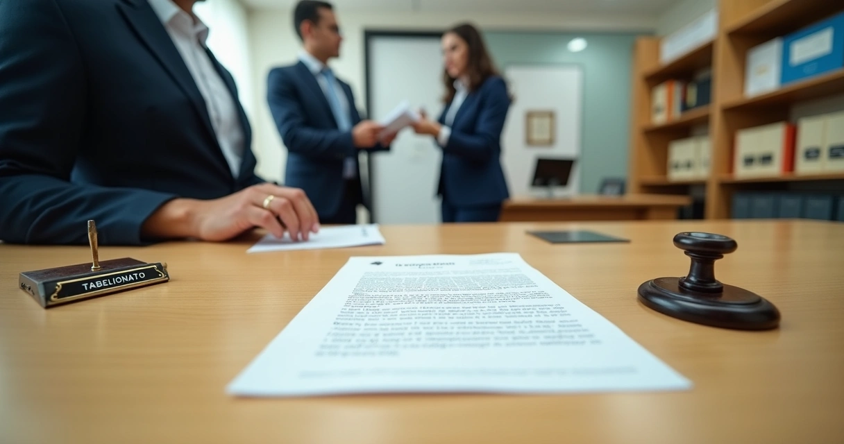 Vista interna de cartório com assinaturas de ata notarial de usucapião sobre balcão de atendimento