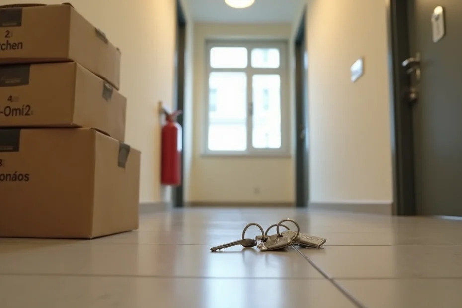 Corredor de prédio com caixas empilhadas e chaves de apartamento no chão