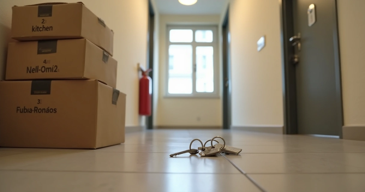 Corredor de prédio com caixas empilhadas e chaves de apartamento no chão