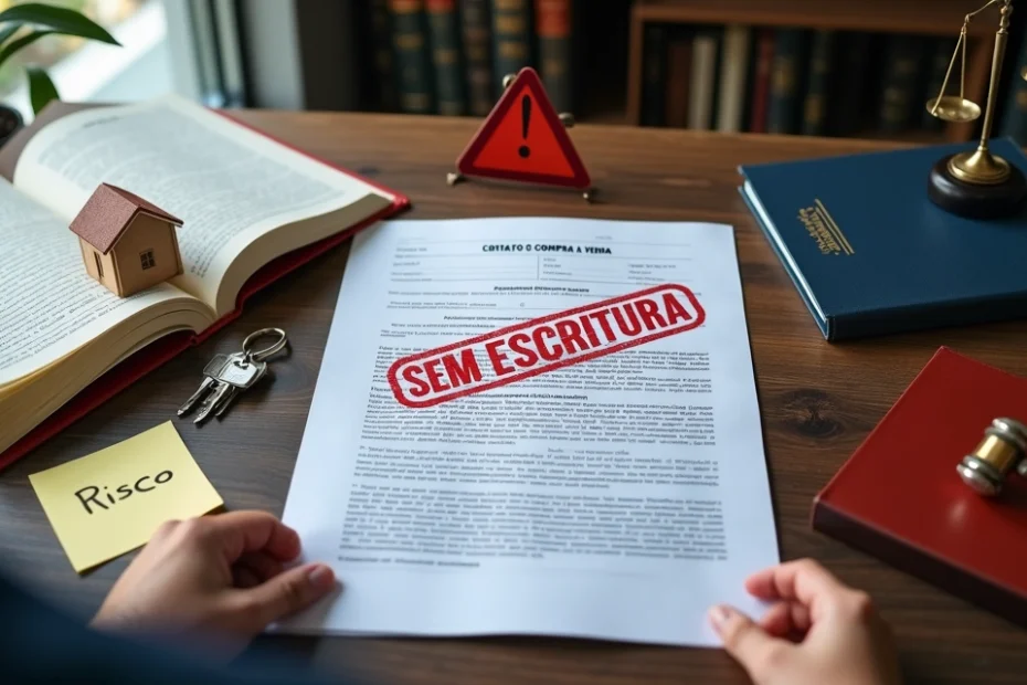 Pessoa segurando contrato de imóvel sem assinatura de escritura em mesa com carimbos e avisos de risco
