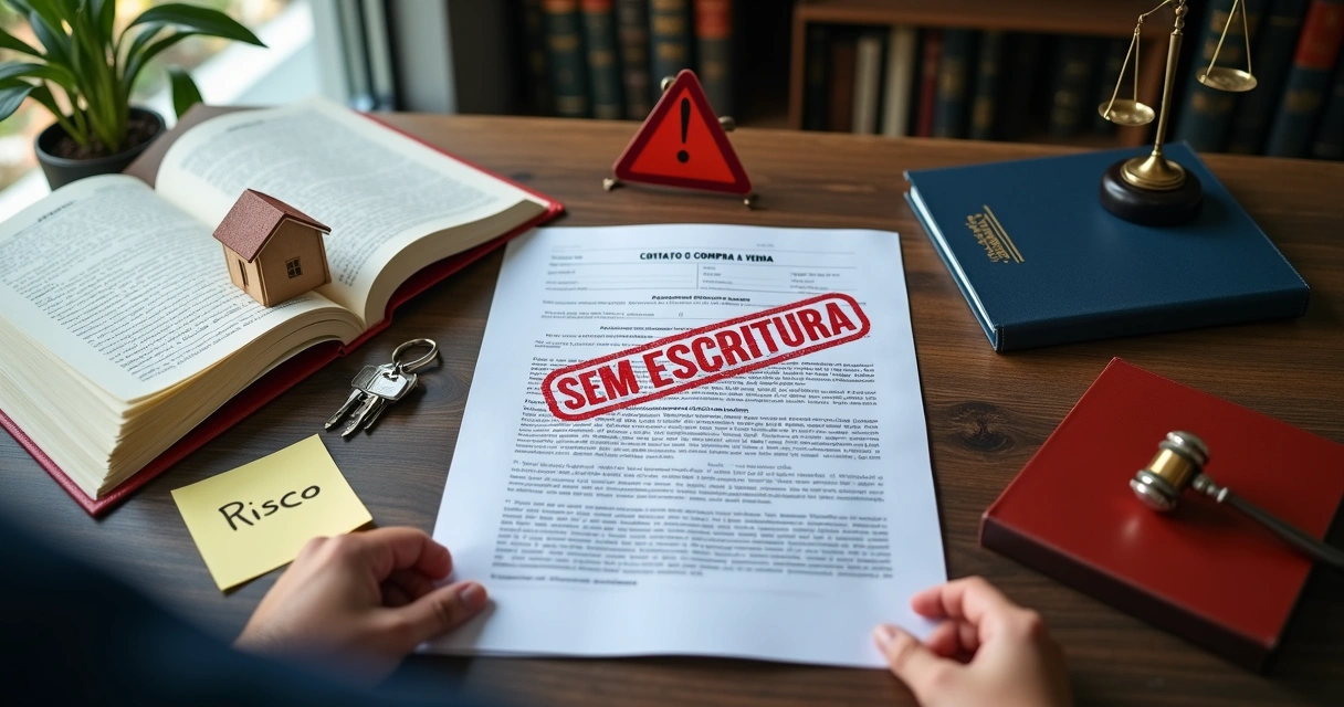 Pessoa segurando contrato de imóvel sem assinatura de escritura em mesa com carimbos e avisos de risco