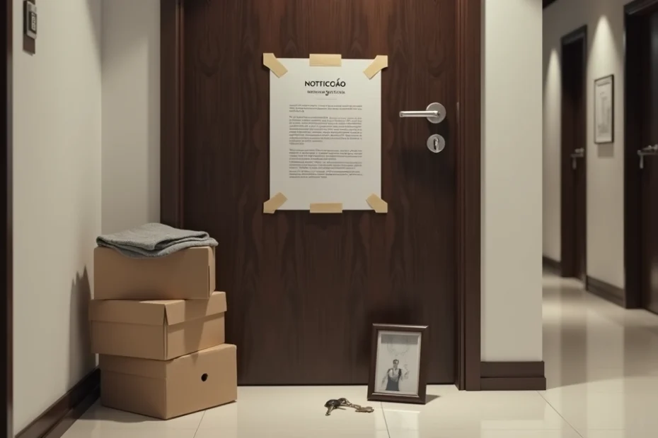 Carta de notificação de despejo afixada na porta de um apartamento residencial