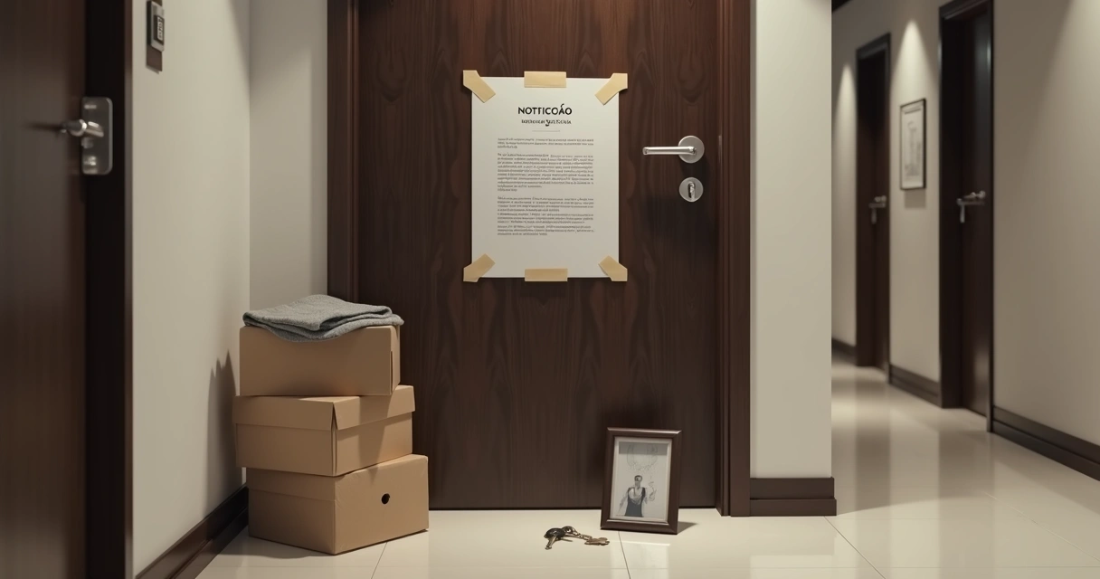 Carta de notificação de despejo afixada na porta de um apartamento residencial