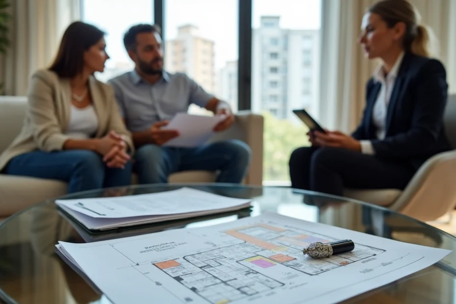 Família adulta analisando planta de imóvel com advogada para planejamento sucessório
