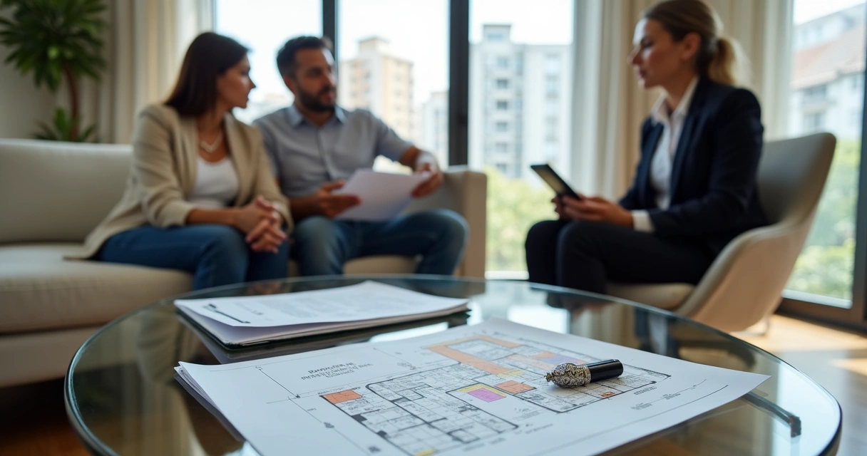 Família adulta analisando planta de imóvel com advogada para planejamento sucessório