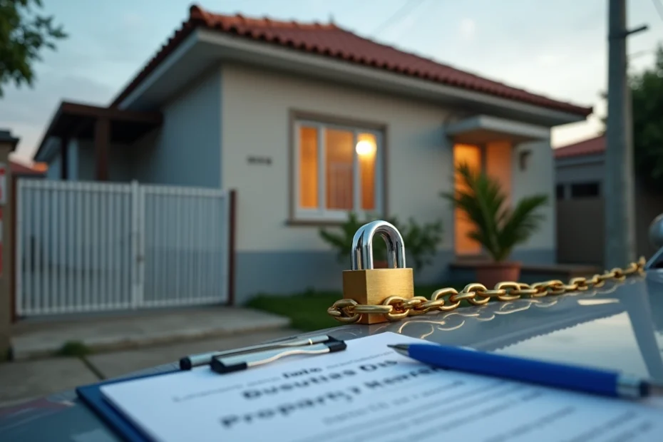 Casa urbana com grande cadeado dourado simbolizando dívida de IPTU