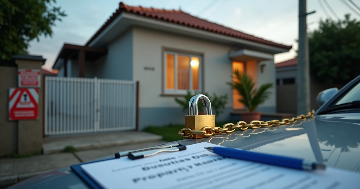 Casa urbana com grande cadeado dourado simbolizando dívida de IPTU