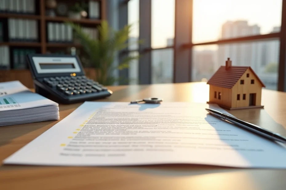 Parcelas de contrato de imóvel destacadas ao lado de chave e casa em miniatura