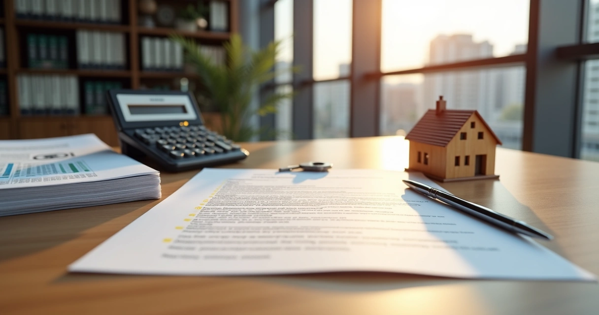 Parcelas de contrato de imóvel destacadas ao lado de chave e casa em miniatura