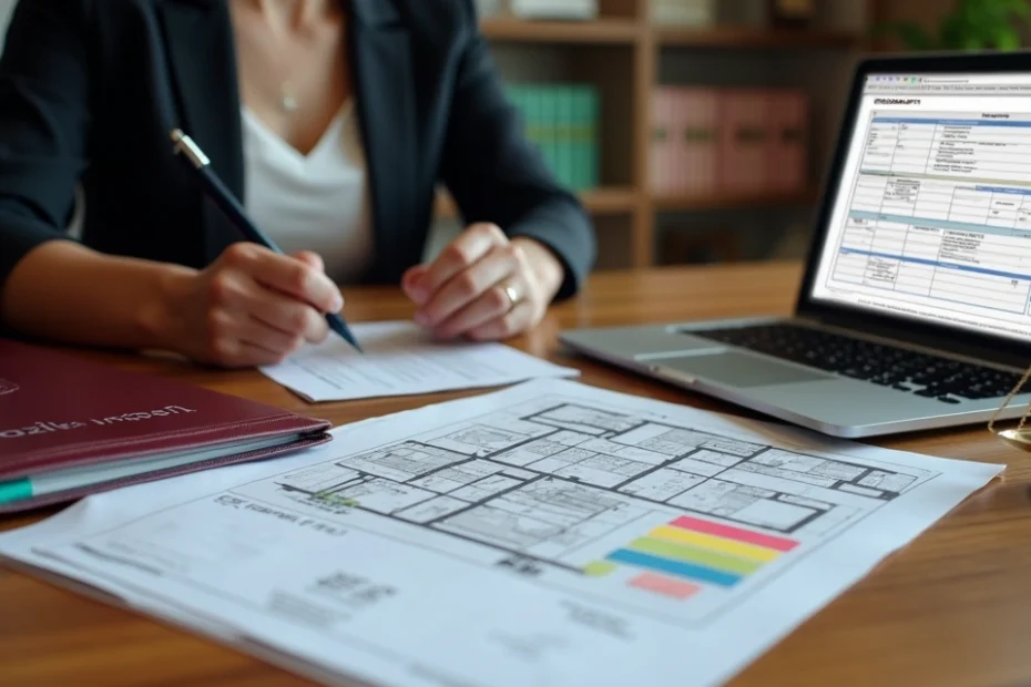 Advogada imobiliária analisando documento de imóvel exibido no laptop com destaque para matrícula e registro