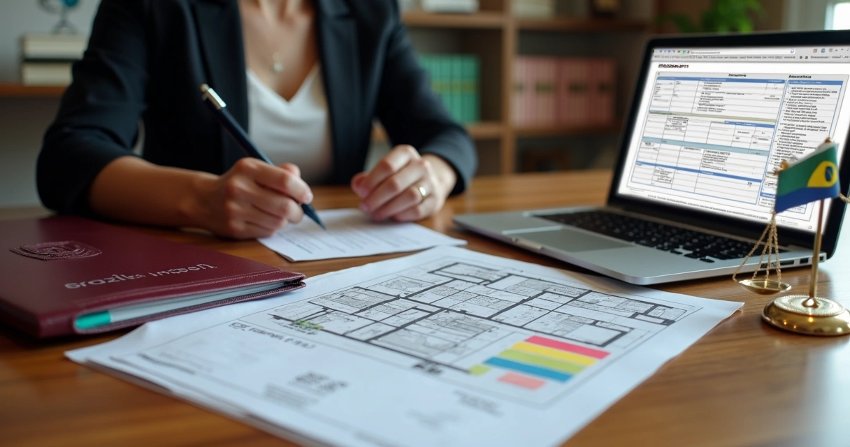 Advogada imobiliária analisando documento de imóvel exibido no laptop com destaque para matrícula e registro