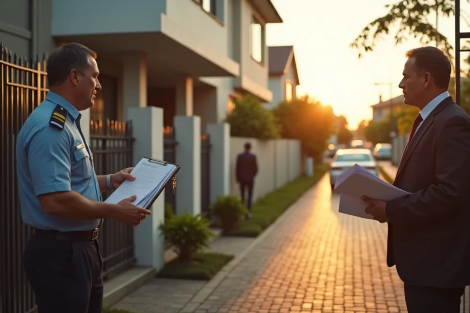 Oficial de justiça em frente a portão residencial liberando acesso ao proprietário com casa ao fundo