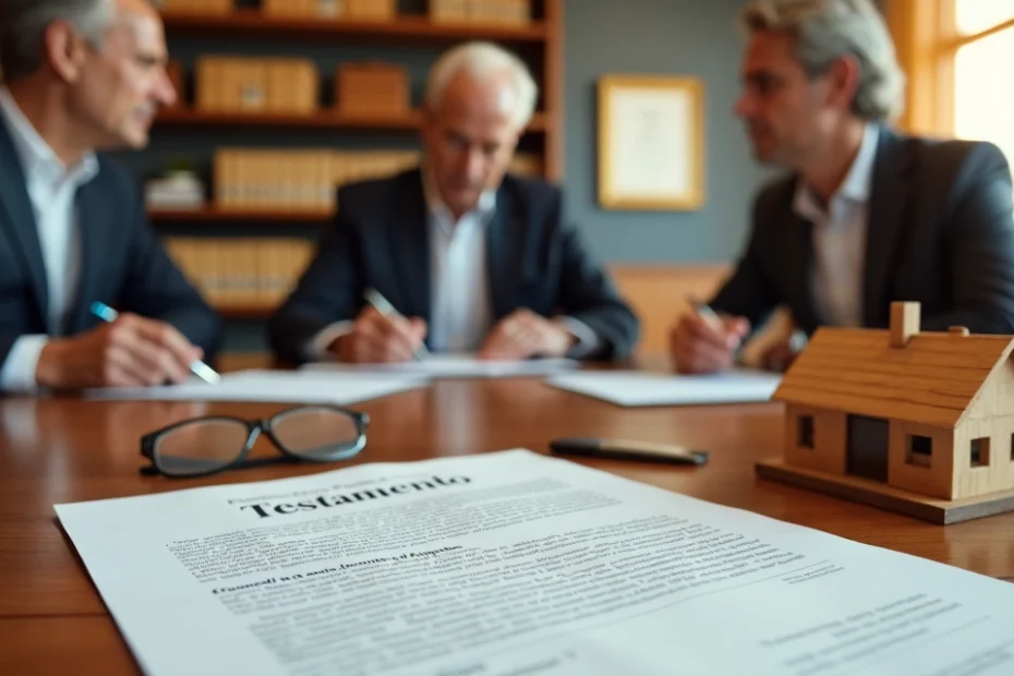 Documento de testamento sobre imóvel na mesa ao lado de miniatura de casa e pessoas assinando
