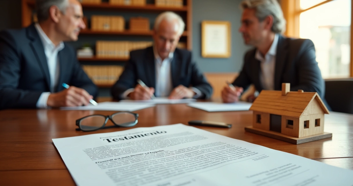 Documento de testamento sobre imóvel na mesa ao lado de miniatura de casa e pessoas assinando