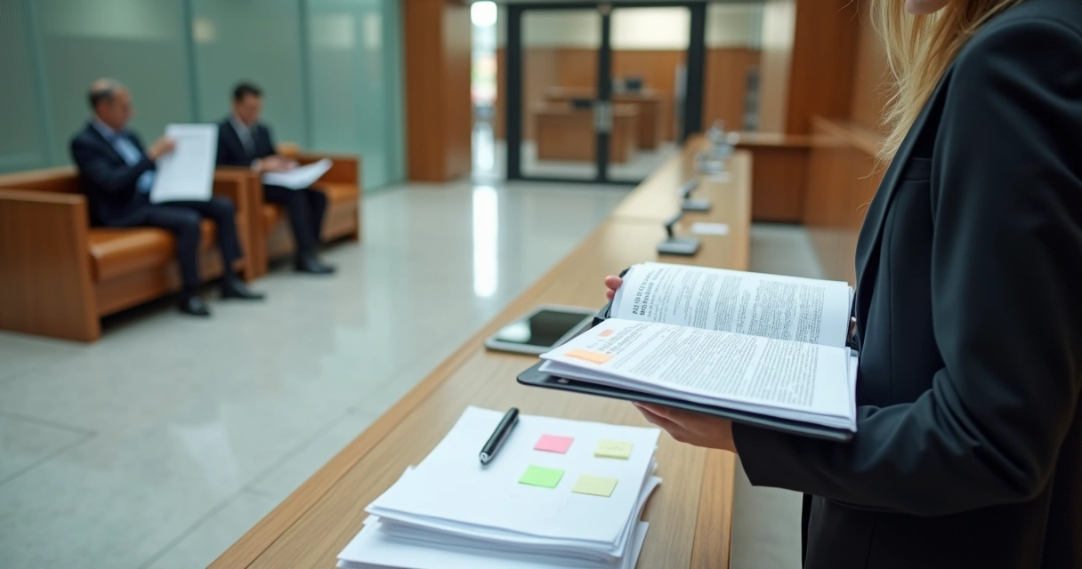 Advogada imobiliária revisando processo de despejo com cobrança em corredor de fórum