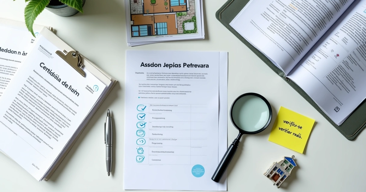 Checklist de documentos imobiliários impressos com lupa e planta baixa ao fundo