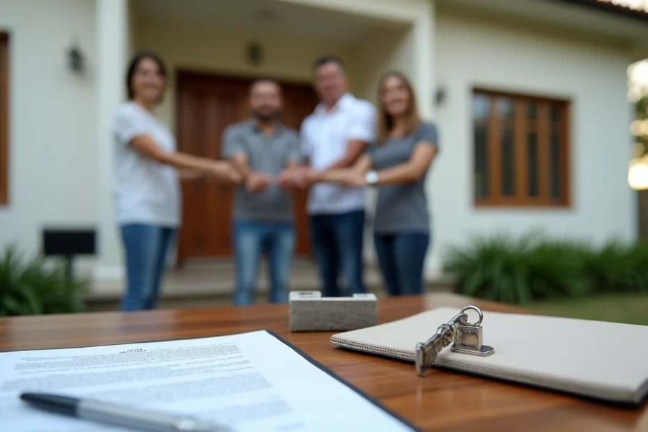 Herdeiros segurando chave de imóvel em frente a casa com documentos sobrepostos