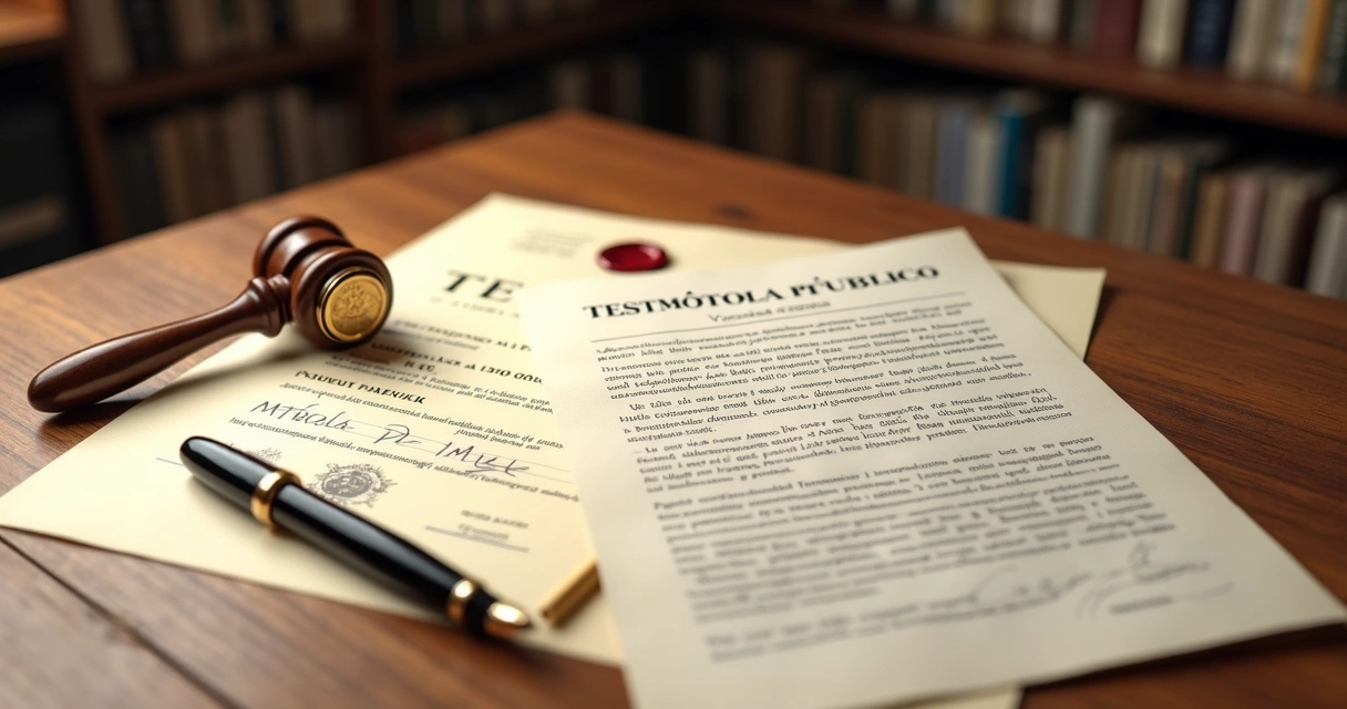 Mesa com selos de cartório destacados sobre testamento e matrícula de imóvel